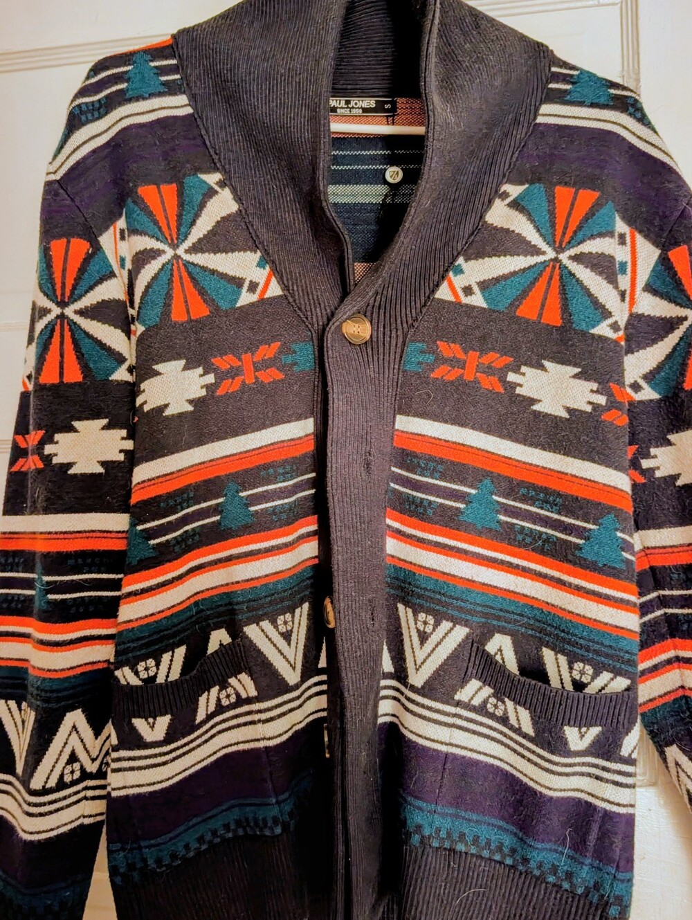Men's Shawl Collar Aztec Cardigan Sweater - Navy with Green & Orange